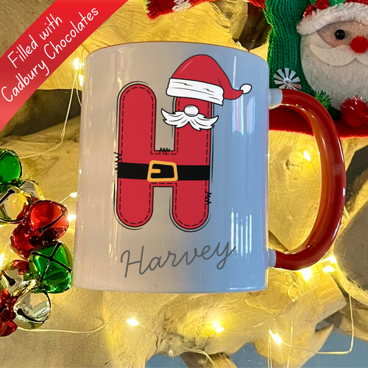 Personalised Red Santa letter christmas mug filled with Cadbury Chocolates