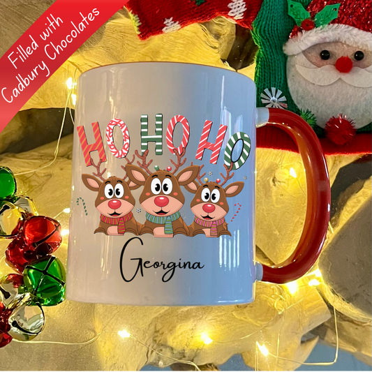 Personalised Red Ho Ho Ho Rudolph, reindeer christmas mug filled with Cadbury Chocolates