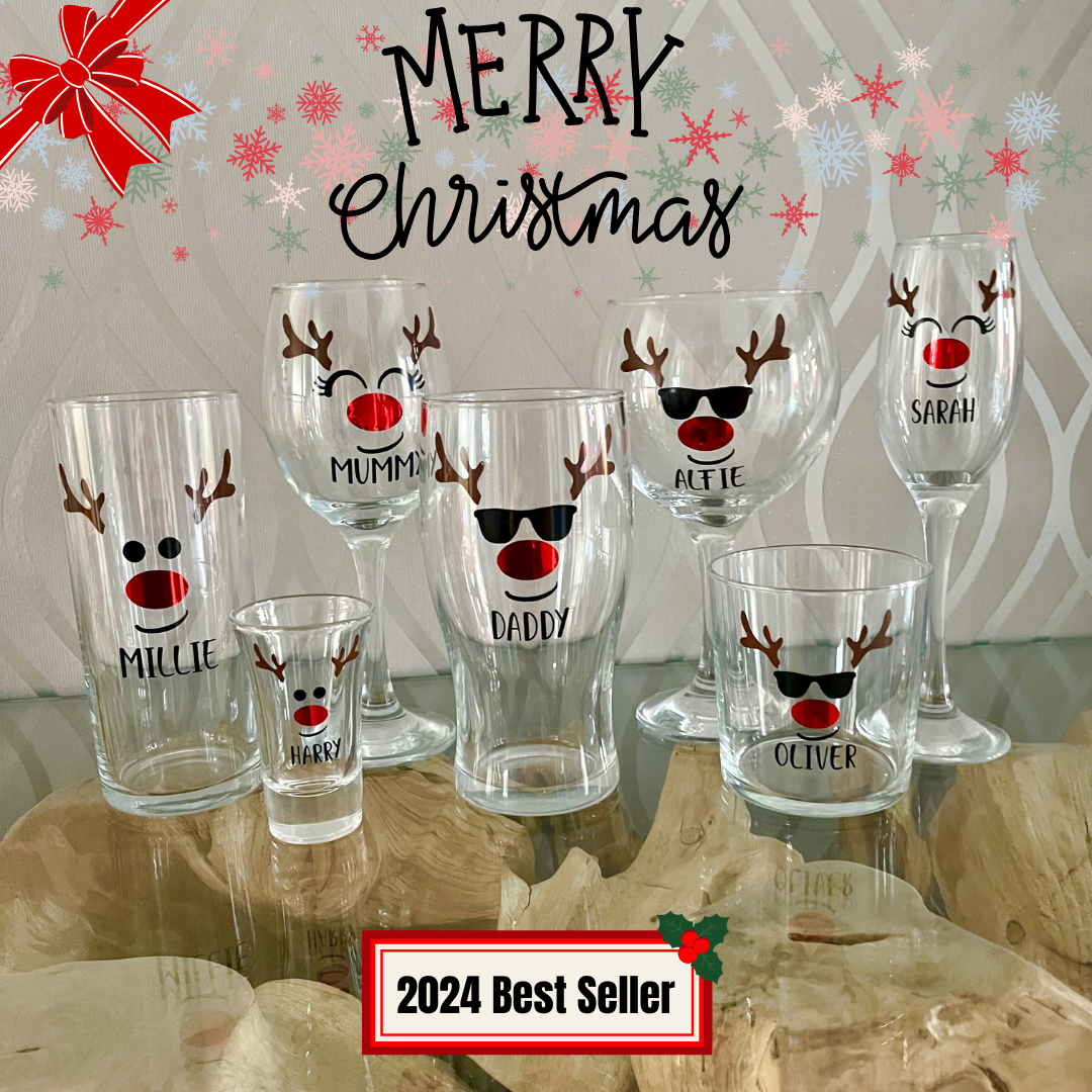 Personalised Reindeer Christmas Glass: Stocking filler, Secret Santa Gift, christmas table decoration, gift for him, gift for her, teen gift