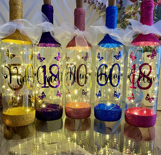Personalised glitter birthday lit wine bottle butterflies 18th Birthday gift 21st Birthday gift for her 30th Birthday 40th 50th 60th