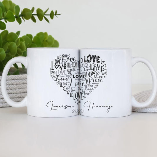 Personalised Couple Mug Set with Matching Gift Bag — two ceramic mugs form a complete heart design when placed together. Customise with names and special date. Optional eco-friendly linen gift bag in white or natural with matching heart motif. Perfect romantic gift for weddings, anniversaries, engagements or Valentine’s Day. Unique, thoughtful keepsake for couples.