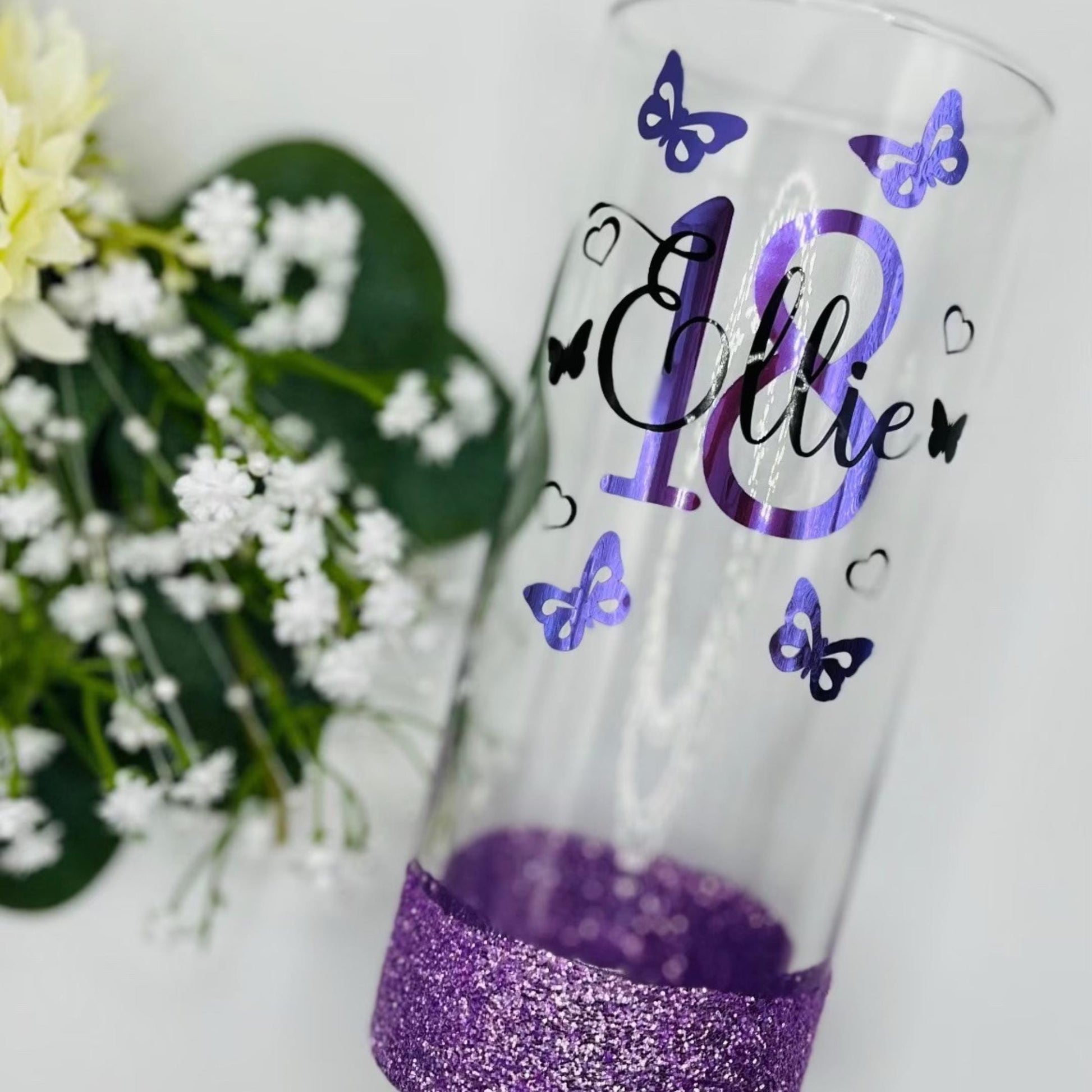 Personalised glitter birthday glass butterflies 18th Birthday gift 21st Birthday gift for her 30th Birthday 40th 50th lit bottle gin wine