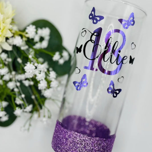Personalised glitter birthday glass butterflies 18th Birthday gift 21st Birthday gift for her 30th Birthday 40th 50th lit bottle gin wine