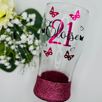 Personalised glitter birthday glass butterflies 18th Birthday gift 21st Birthday gift for her 30th Birthday 40th 50th lit bottle gin wine