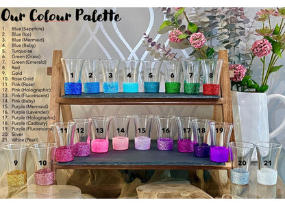 A picture of 21 Shot glasses detailing all the glitter colours available for our personalised glassware gifts. Whether your birthday  is an 18th, 21st, 30th, 40th, 50th, 60th, 100th, or any age in between. we can personalise a glass for you.