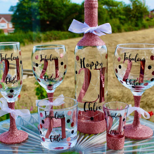 Personalised birthday glitter glass gift for her gift for him 18th 21st 30th 40th gin lit bottle wine prosecco shot pint glass milestone