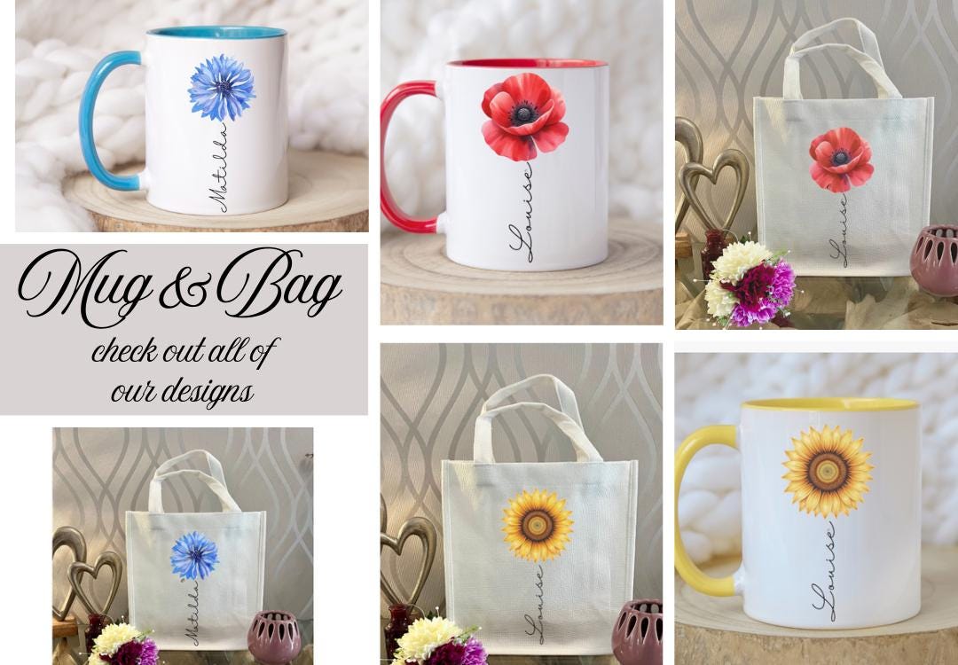 Full range of flower mugs and matching giftset including the colours red, yellow and blue.
