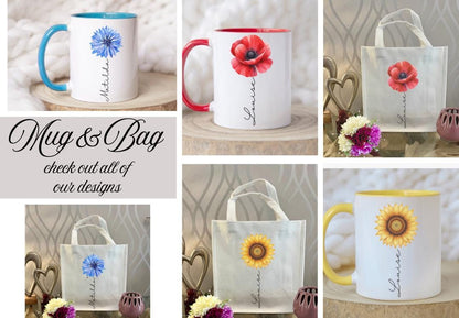 Full range of flower mugs and matching giftset including the colours red, yellow and blue.