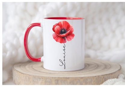 Personalised Red Poppy Mug & Gift Bag Set — custom name ceramic mug with vibrant red poppy design, red handle & interior, plus matching reusable eco-friendly linen gift bag. Perfect personalised gift for birthdays, thank yous, or special occasions. Handmade, thoughtful, and beautifully coordinated.