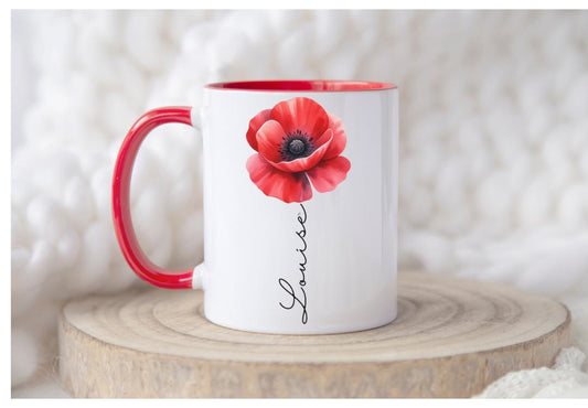 Personalised Red Poppy Mug & Gift Bag Set — custom name ceramic mug with vibrant red poppy design, red handle & interior, plus matching reusable eco-friendly linen gift bag. Perfect personalised gift for birthdays, thank yous, or special occasions. Handmade, thoughtful, and beautifully coordinated.