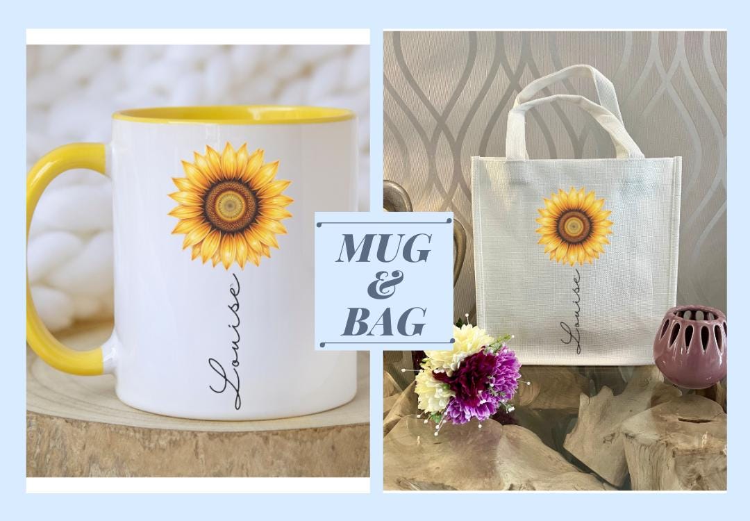 Personalised Sunflower Mug and Gift Bag Set — custom ceramic mug with yellow handle, sunflower design, and personalised name on stem. Matching eco-friendly linen gift bag, white or natural colour. Unique handmade gift for birthdays, thank yous, or cheerful surprises. Reusable and beautifully coordinated present idea.