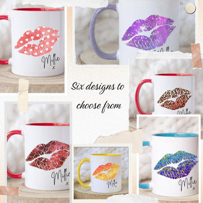 Personalised lips design mug with coloured handle and interior, custom name printed. Includes matching reusable white linen gift bag with colourful lips pattern and personalised text. Unique gift for birthdays, Valentine’s, bridal parties, or coffee lovers