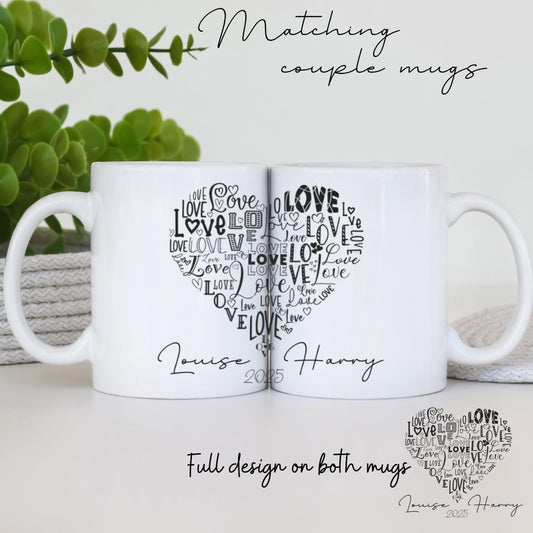 ersonalised Couple Mug Set with Matching Gift Bag — two ceramic mugs form a complete heart design when placed together. Customise with names and special date. Optional eco-friendly linen gift bag in white or natural with matching heart motif. Perfect romantic gift for weddings, anniversaries, engagements or Valentine’s Day. Unique, thoughtful keepsake for couples.