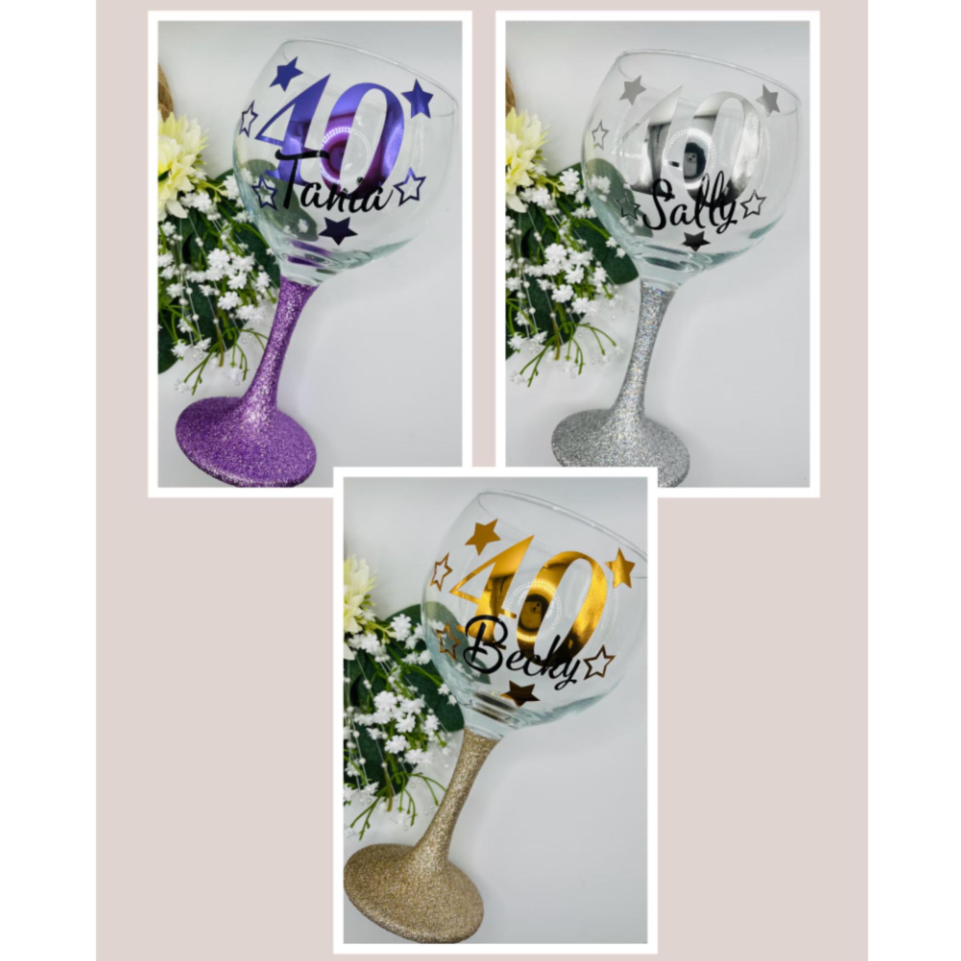 Personalised glitter-bottomed glass with decorative star design — custom name and age gift. Hand-applied glitter base, sealed for sparkle, available in gold, silver, rose gold and more. Choice of gin glass, wine glass, shot glass or matching lit wine bottle. Unique keepsake for birthdays, celebrations or special occasions. Gift-wrapped with optional personalised tote bag.