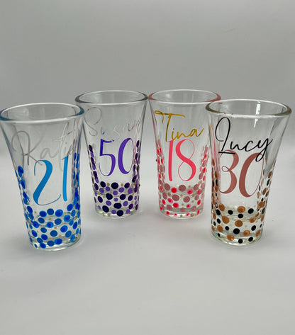 Personalised Birthday Shot Glasses – Custom Name & Age – Hand-Painted Dot Design – 18th, 21st, 30th, 50th Gift – Party Favour or Keepsake