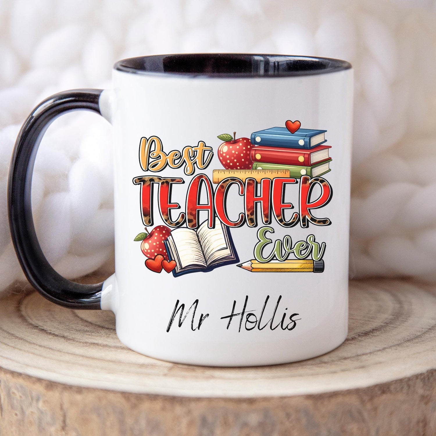 Fun and cheerful mug with the words “Best Teacher Ever” in bright, bold letters, surrounded by cute doodles of a books, shiny red apples, and a smiling yellow pencil. Teachers Gift. Under £10.