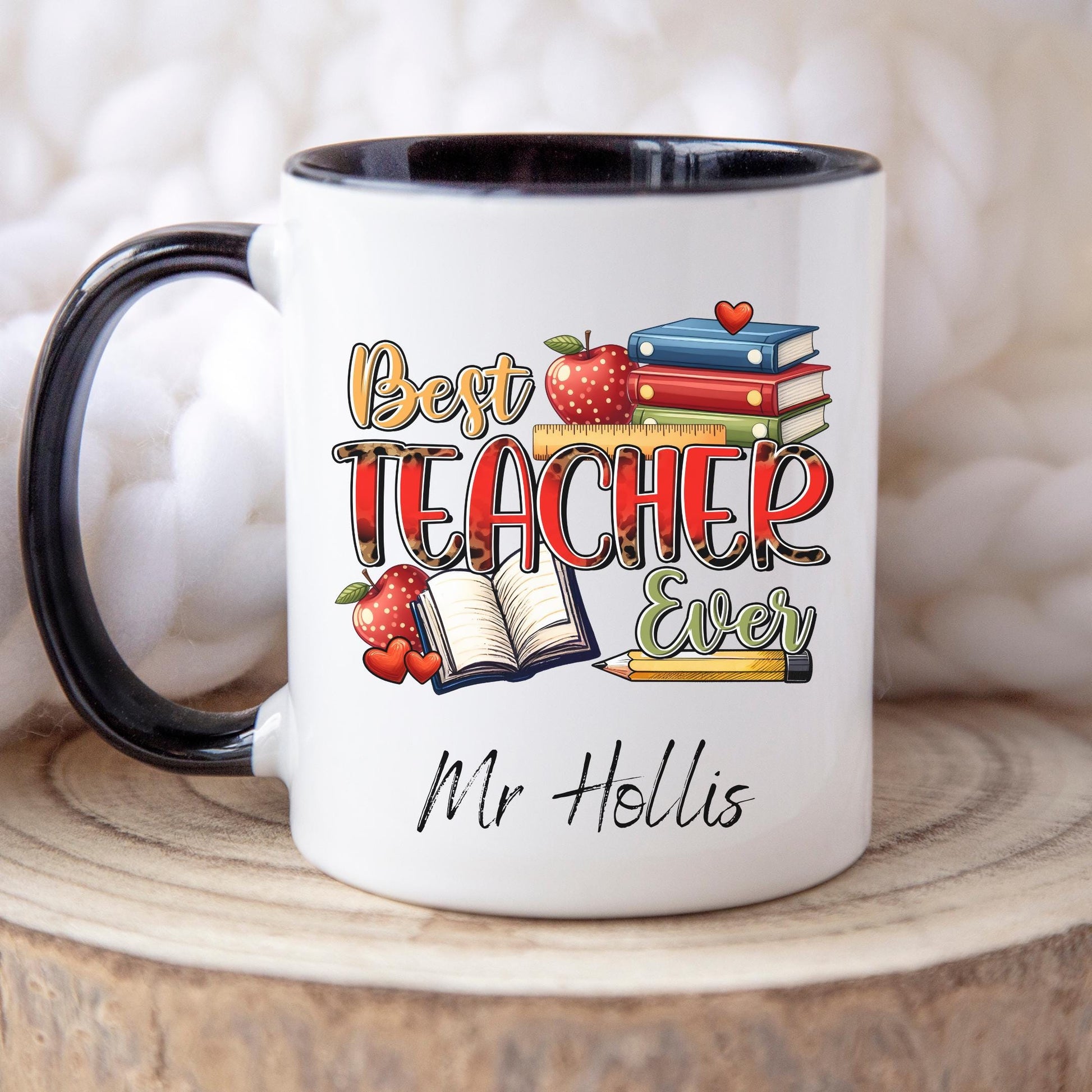 Fun and cheerful mug with the words “Best Teacher Ever” in bright, bold letters, surrounded by cute doodles of a books, shiny red apples, and a smiling yellow pencil. Teachers Gift. Under £10.