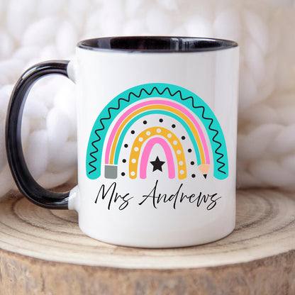 Personalised Rainbow Teacher Mug with Name – Teacher Appreciation Gift – End of Year, Back to School, Thank You Gift for Teachers