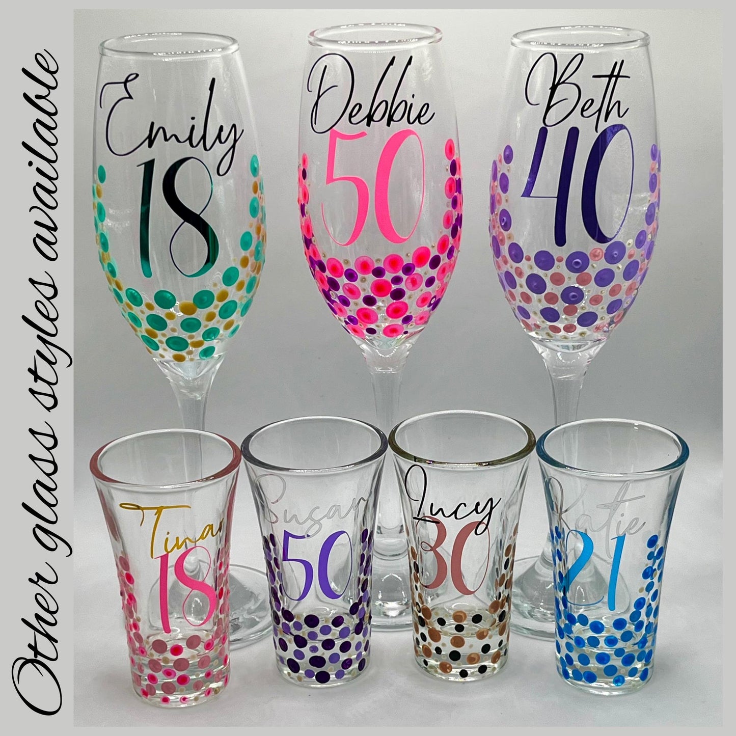 Personalised Birthday Shot Glasses – Custom Name & Age – Hand-Painted Dot Design – 18th, 21st, 30th, 50th Gift – Party Favour or Keepsake