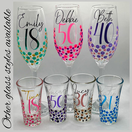 Personalised Birthday Shot Glasses – Custom Name & Age – Hand-Painted Dot Design – 18th, 21st, 30th, 50th Gift – Party Favour or Keepsake