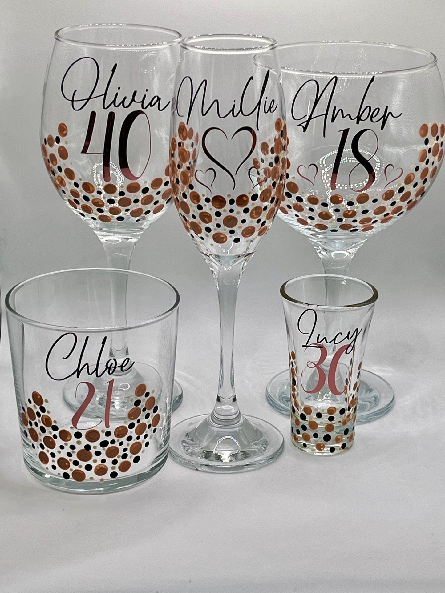 Personalised Birthday Shot Glasses – Custom Name & Age – Hand-Painted Dot Design – 18th, 21st, 30th, 50th Gift – Party Favour or Keepsake