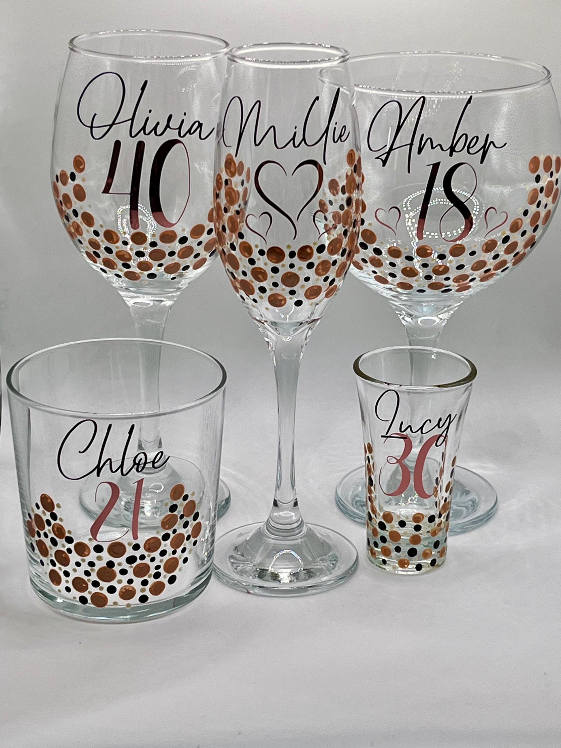 Personalised Birthday Shot Glasses – Custom Name & Age – Hand-Painted Dot Design – 18th, 21st, 30th, 50th Gift – Party Favour or Keepsake