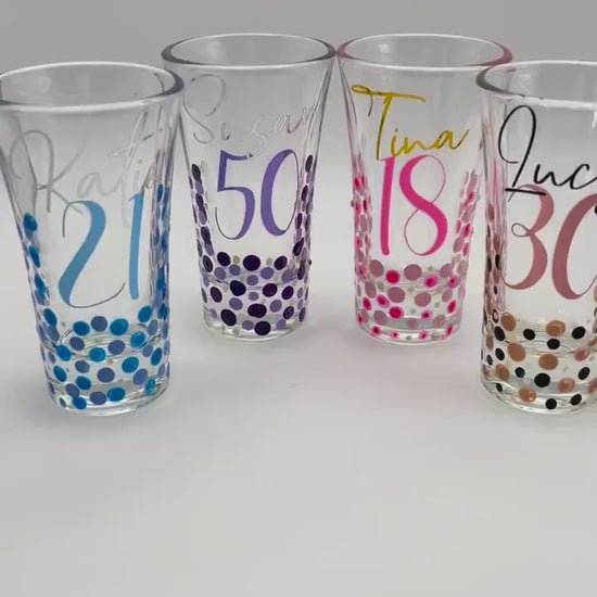 Personalised Birthday Shot Glasses – Custom Name & Age – Hand-Painted Dot Design – 18th, 21st, 30th, 50th Gift – Party Favour or Keepsake