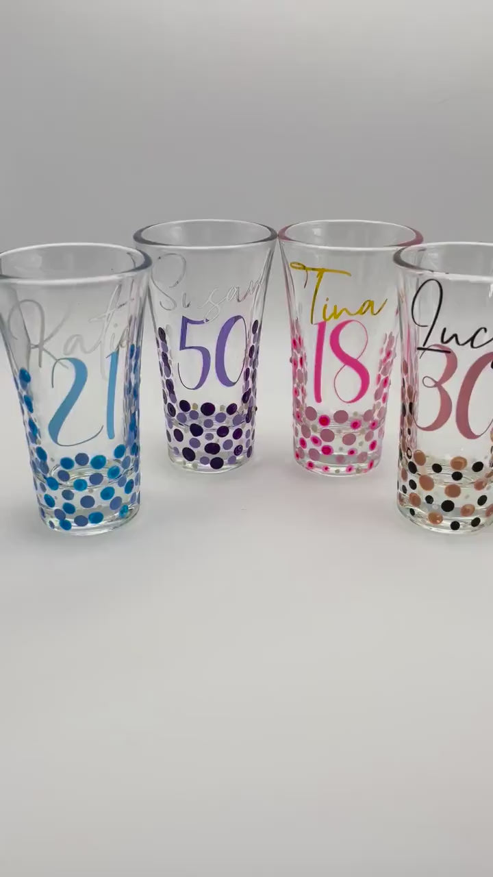 Personalised Birthday Shot Glasses – Custom Name & Age – Hand-Painted Dot Design – 18th, 21st, 30th, 50th Gift – Party Favour or Keepsake