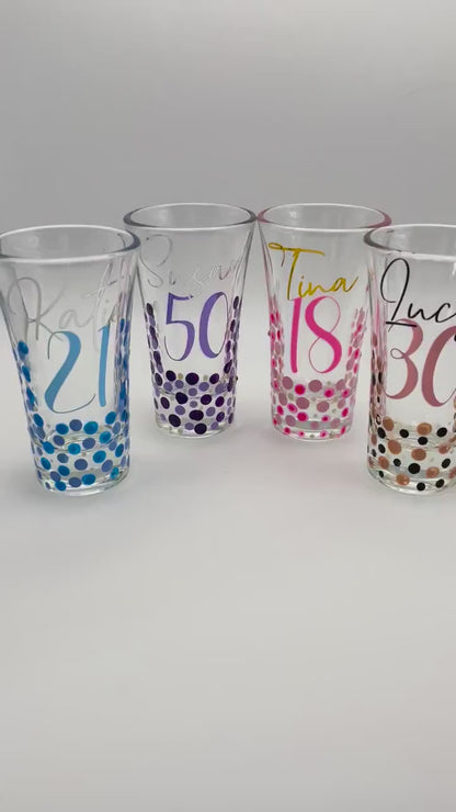 Personalised Birthday Shot Glasses – Custom Name & Age – Hand-Painted Dot Design – 18th, 21st, 30th, 50th Gift – Party Favour or Keepsake