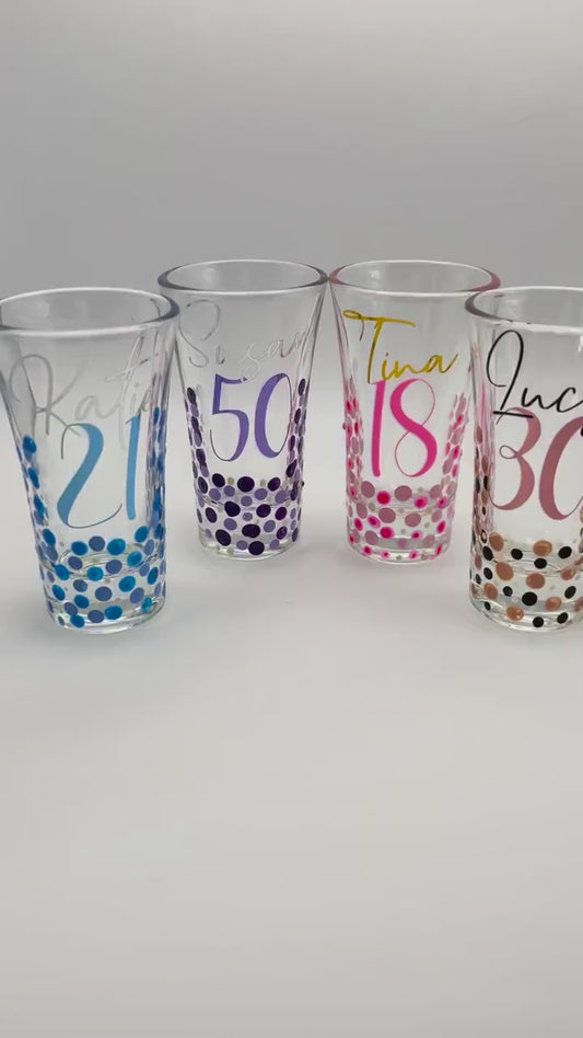Personalised Birthday Shot Glasses – Custom Name & Age – Hand-Painted Dot Design – 18th, 21st, 30th, 50th Gift – Party Favour or Keepsake