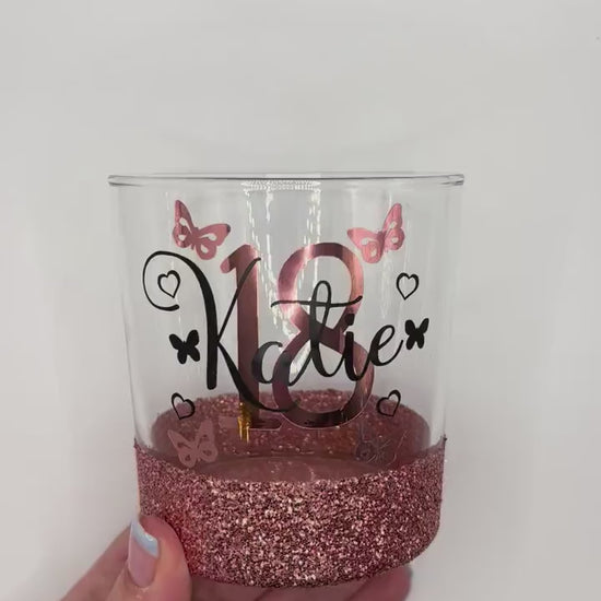 Personalised glitter birthday glass butterflies 18th Birthday gift 21st Birthday gift for her 30th Birthday 40th 50th lit bottle gin wine