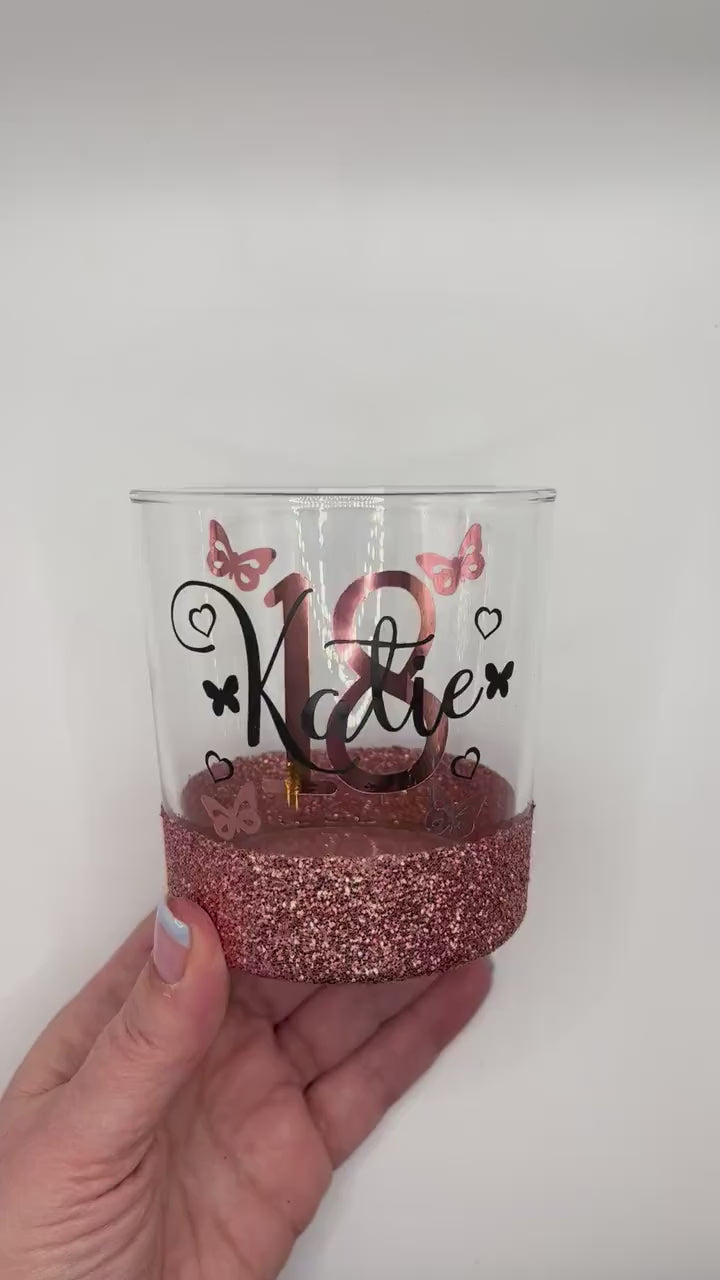 Personalised glitter birthday glass butterflies 18th Birthday gift 21st Birthday gift for her 30th Birthday 40th 50th lit bottle gin wine