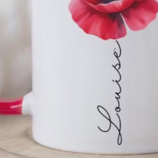 Personalised Red Poppy Mug and Gift Bag — Custom Name Floral Mug — Thoughtful Gift for Her — Birthday, Thank You, Remembrance, teacher gift
