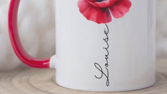 Personalised Red Poppy Mug and Gift Bag — Custom Name Floral Mug — Thoughtful Gift for Her — Birthday, Thank You, Remembrance, teacher gift